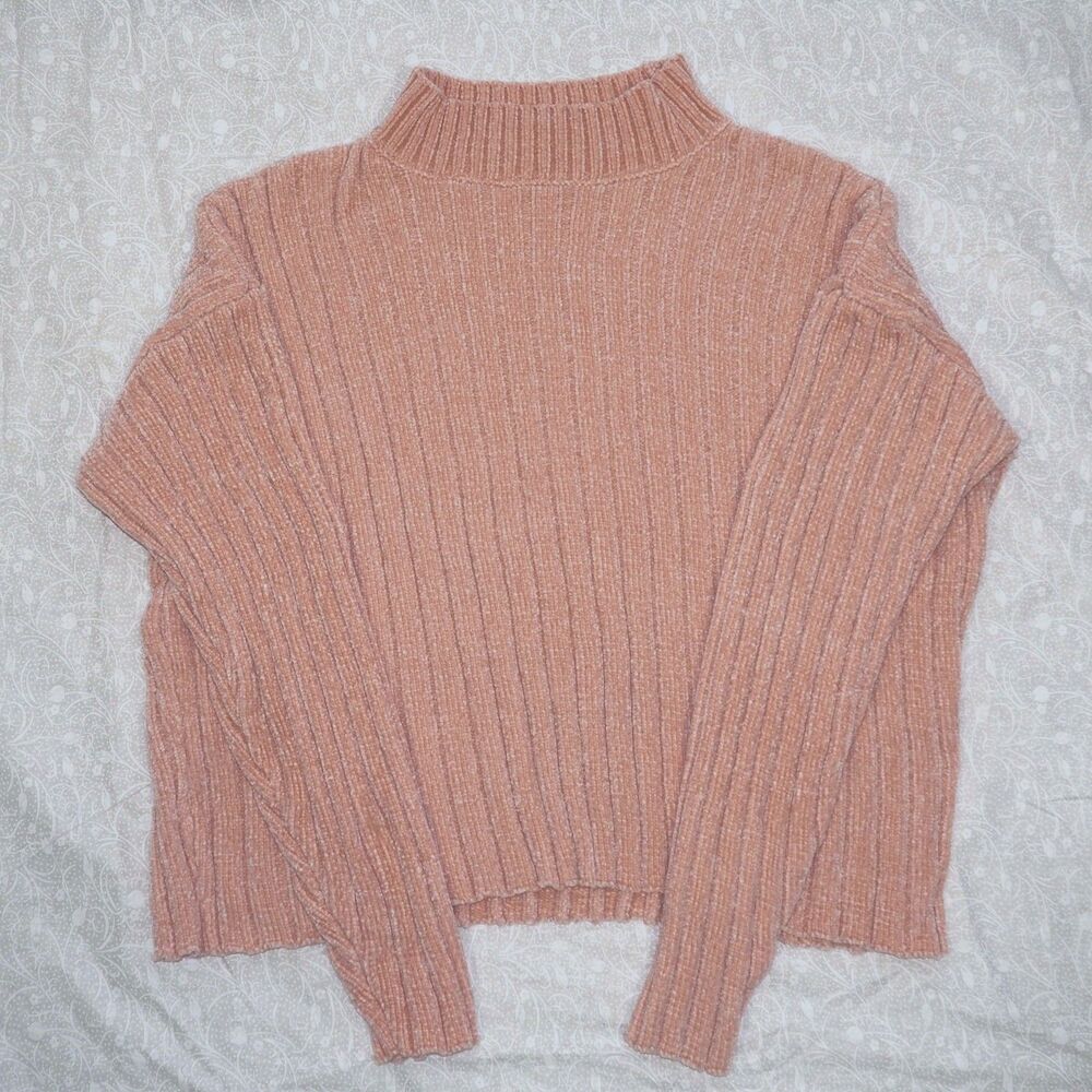 Art Class Womens Baby Pink Chenille Sweater XL, Slightly Cropped Mock Turtleneck